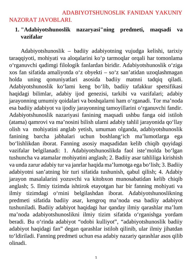 Adabiyotshunoslik Fanidan Yakuniy Nazorat Javoblari