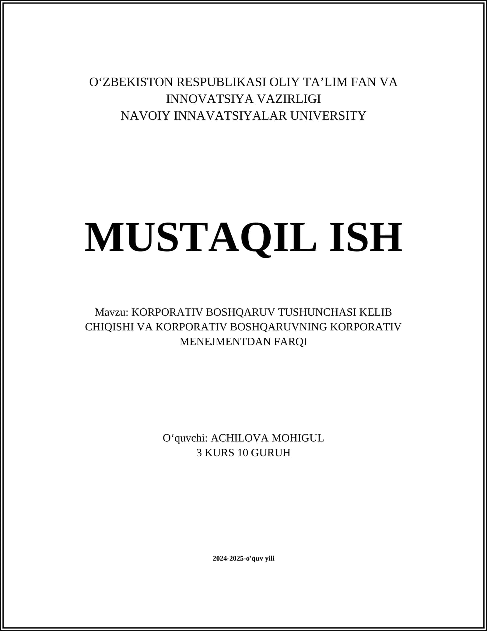 KORPORATIV BOSHQARUV TUSHUNCHASI KELIB CHIQISHI VA KORPORATIV BOSHQARUVNING KORPORATIV MENEJMENTDAN FARQI