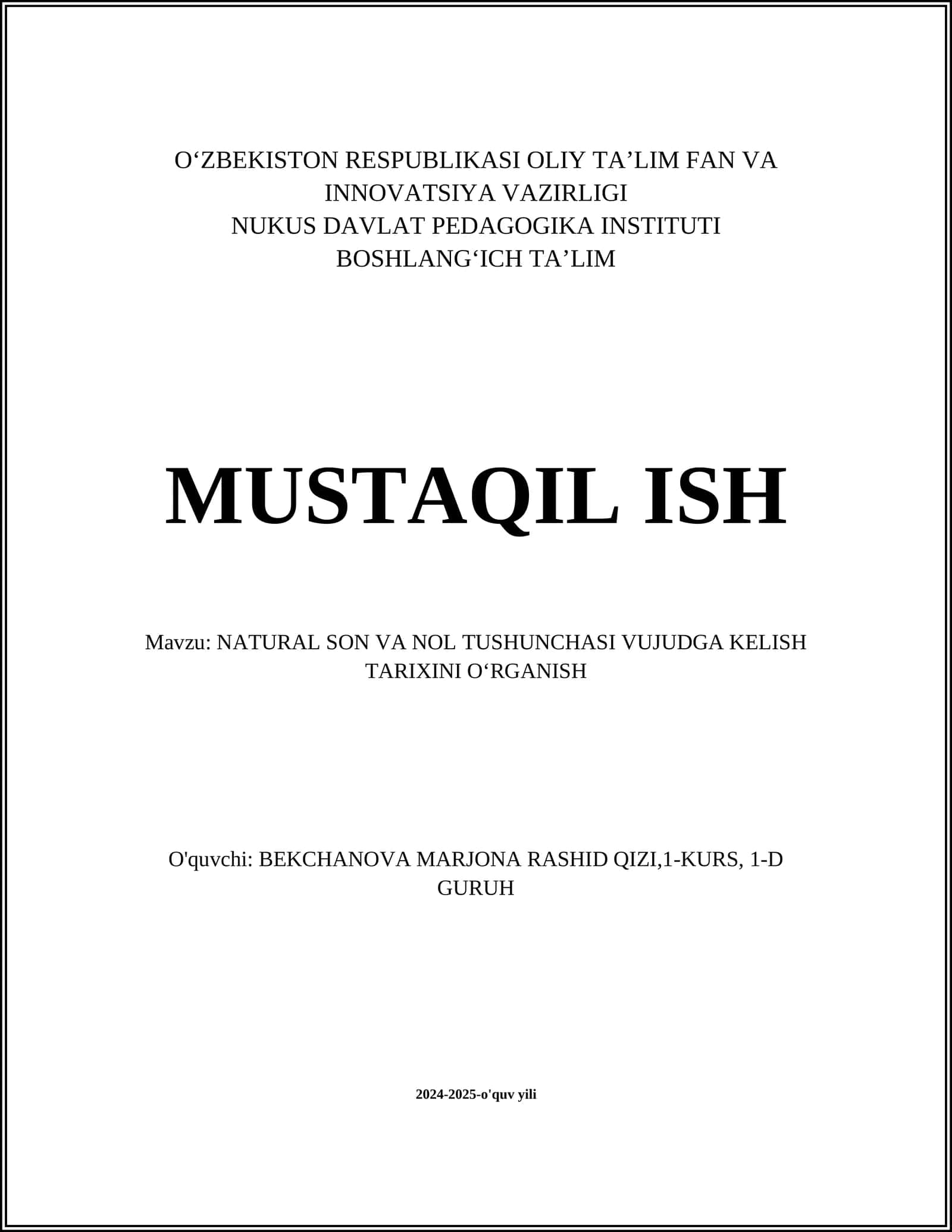 NATURAL SON VA NOL TUSHUNCHASI VUJUDGA KELISH TARIXINI OʻRGANISH