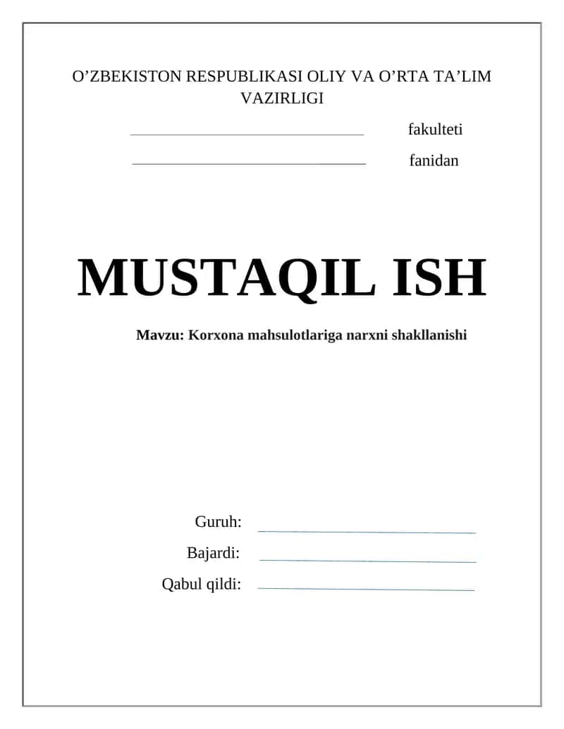 Korxona mahsulotlariga narxni shakllanishi