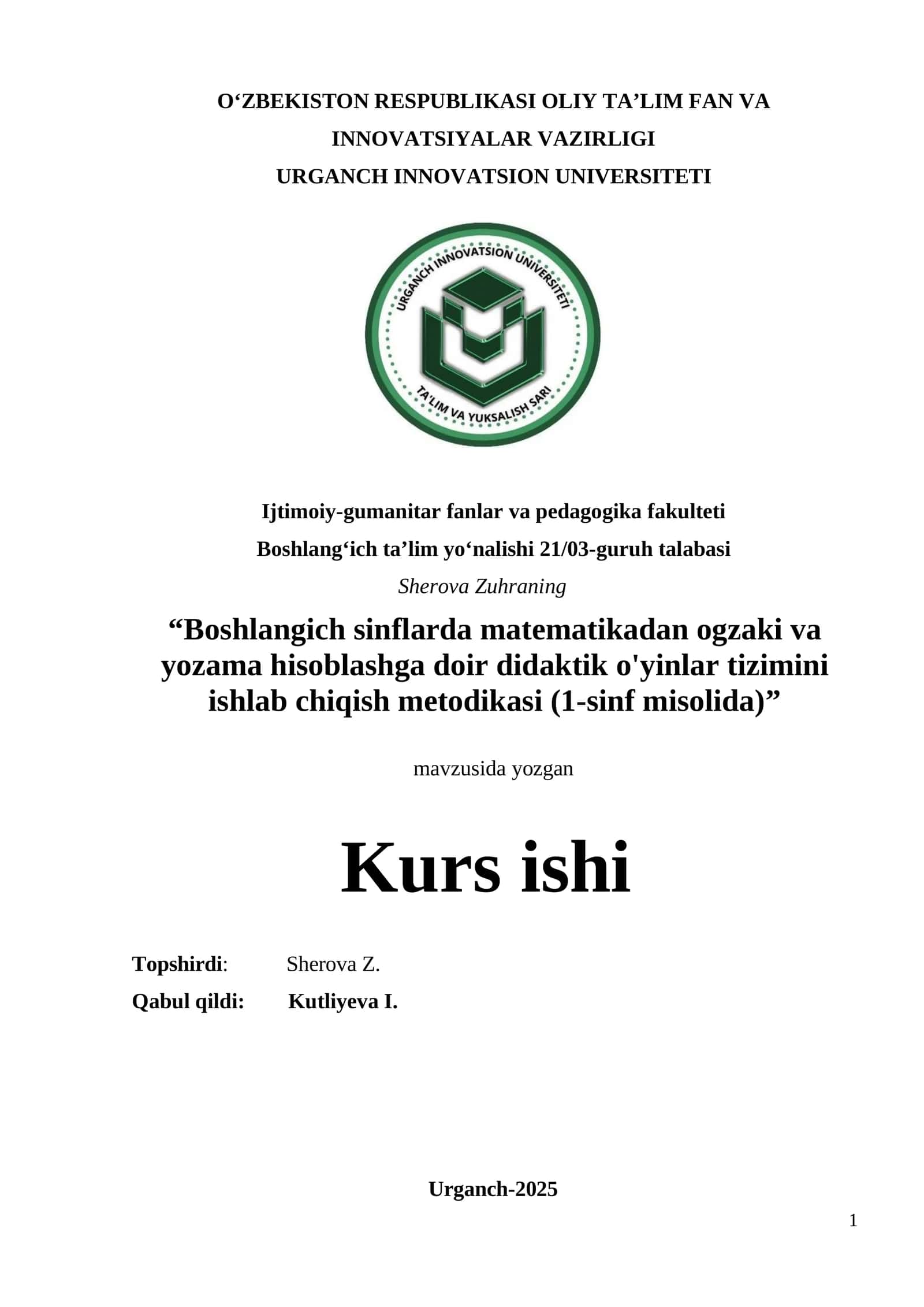Boshlangich sinflarda matematikadan ogzaki va yozama hisoblashga doir didaktik o'yinlar tizimini ishlab chiqish metodikasi