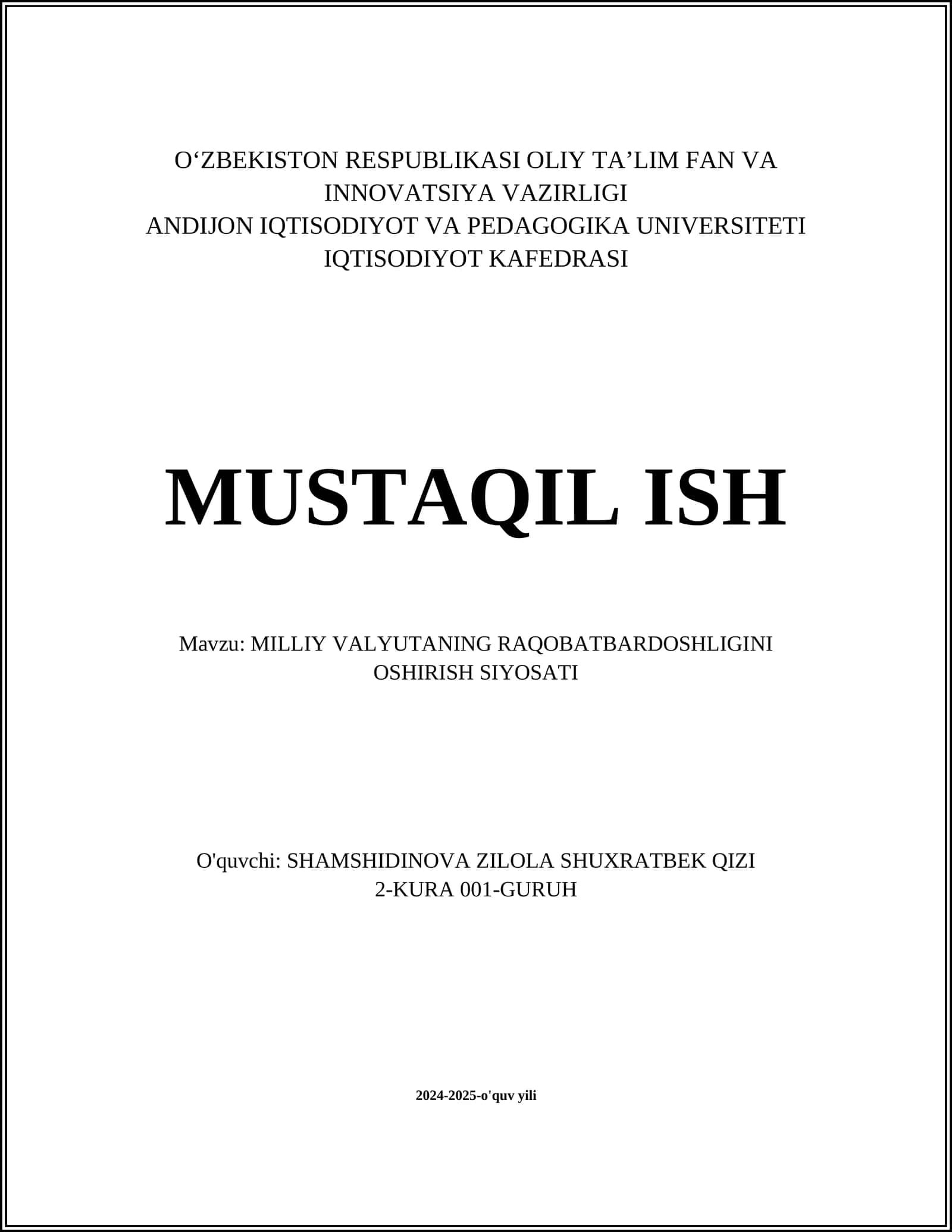 MILLIY VALYUTANING RAQOBATBARDOSHLIGINI OSHIRISH SIYOSATI