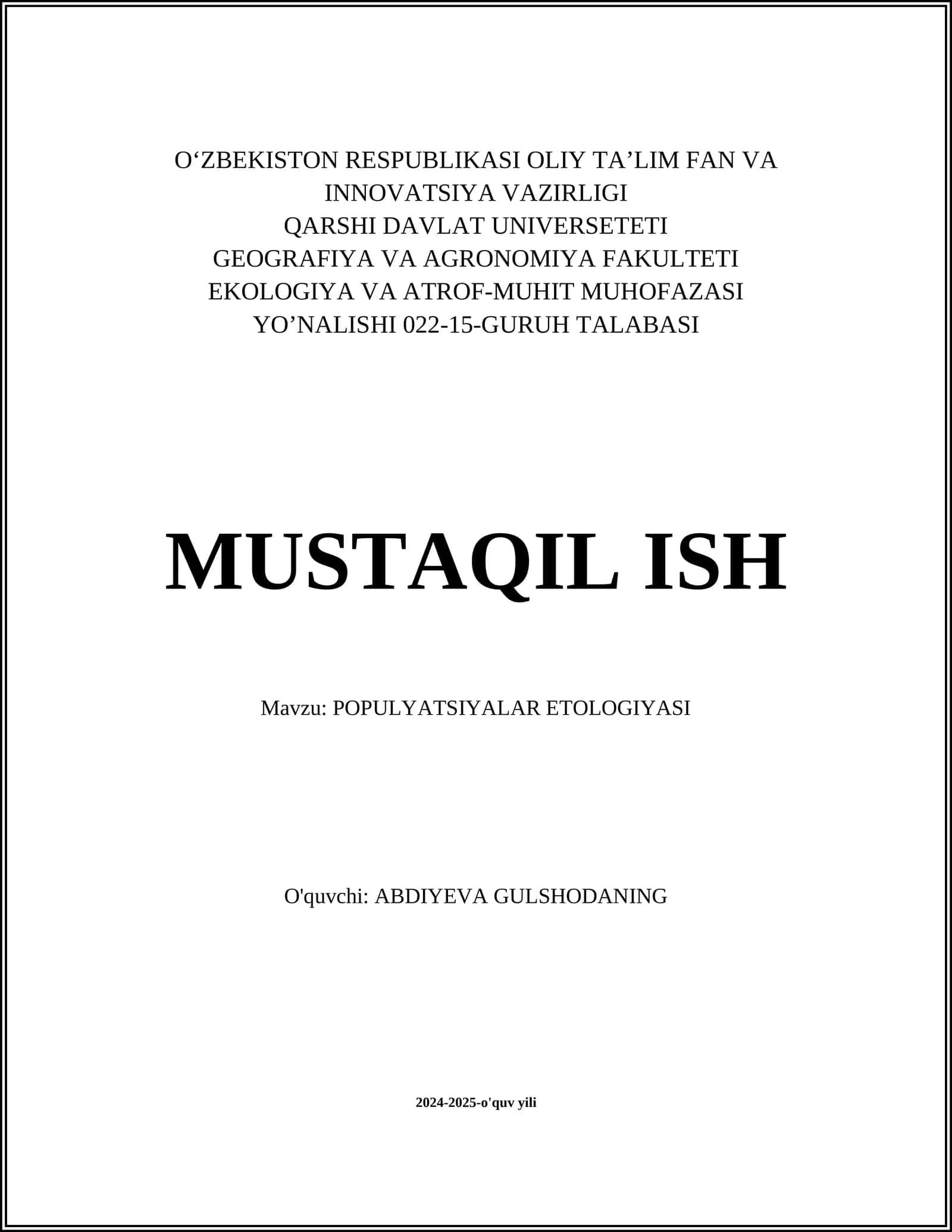 POPULYATSIYALAR ETOLOGIYASI