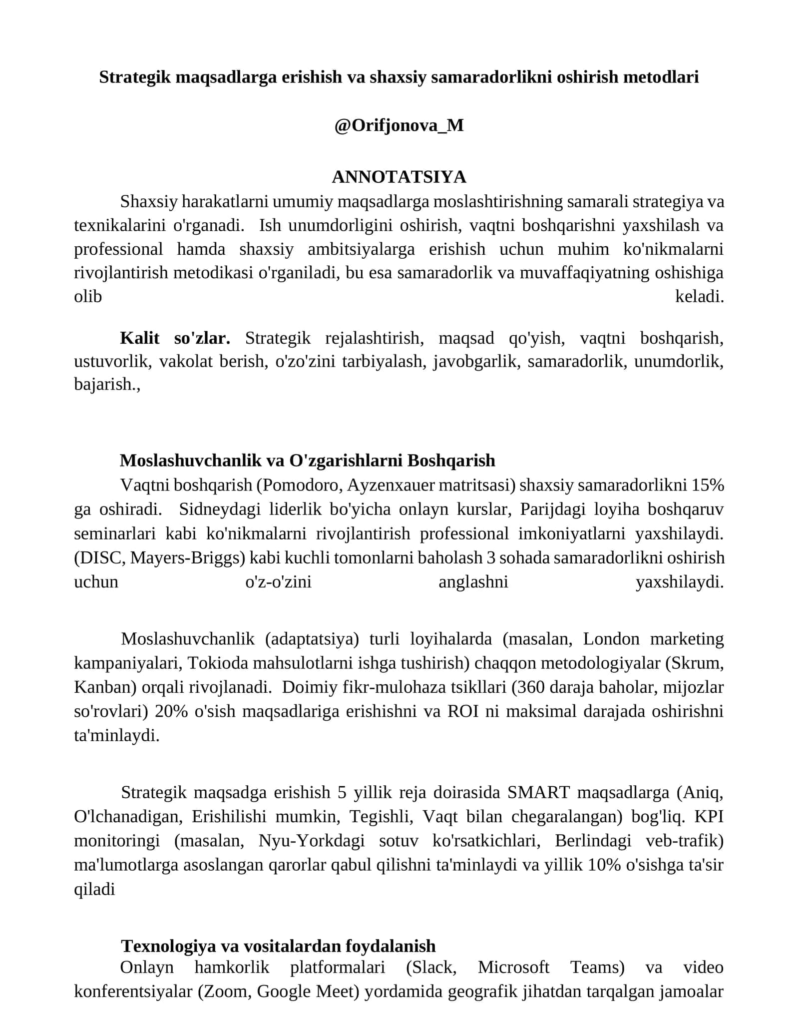 Strategik maqsadlarga erishish va shaxsiy samaradorlikni oshirish metodlari