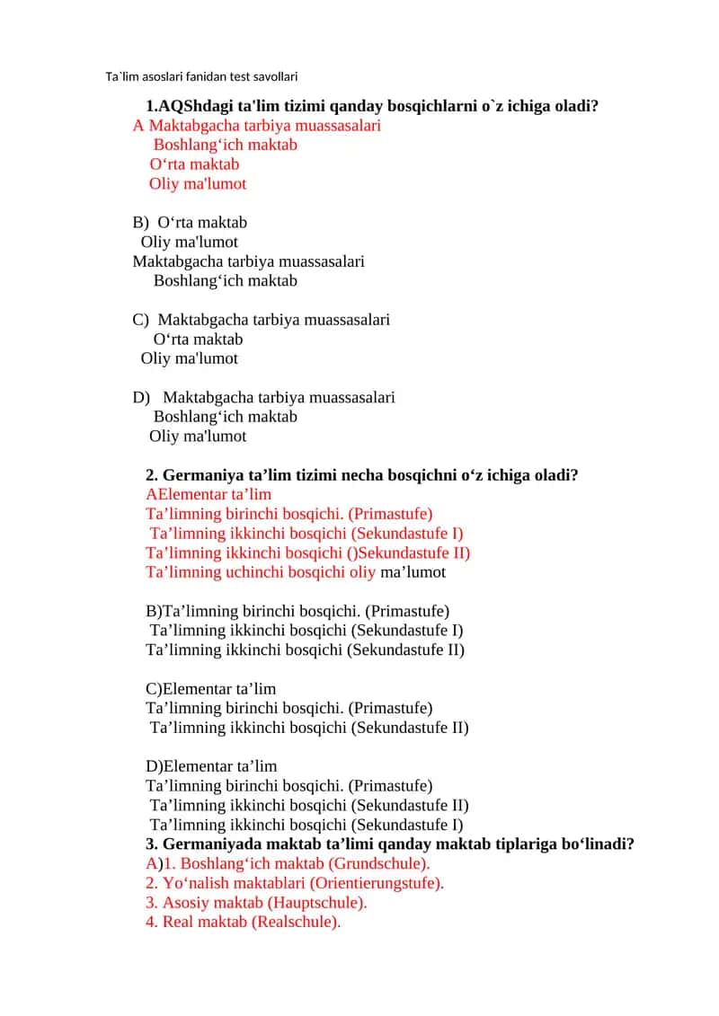 Ta`lim asoslari fanidan test savollari