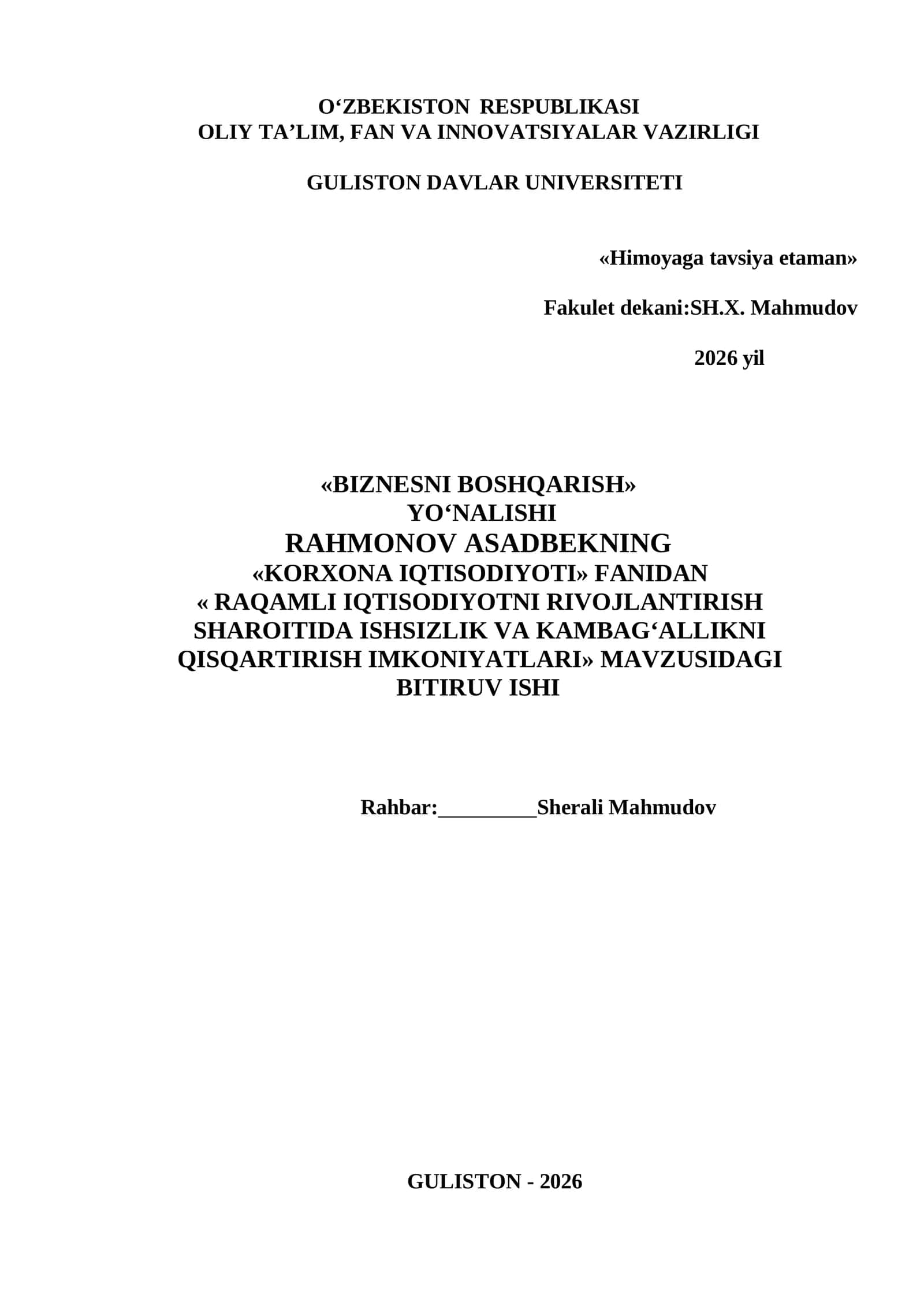 RAQAMLI IQTISODIYOTNI RIVOJLANTIRISH SHAROITIDA ISHSIZLIK VA KAMBAGʻALLIKNI QISQARTIRISH IMKONIYATLARI