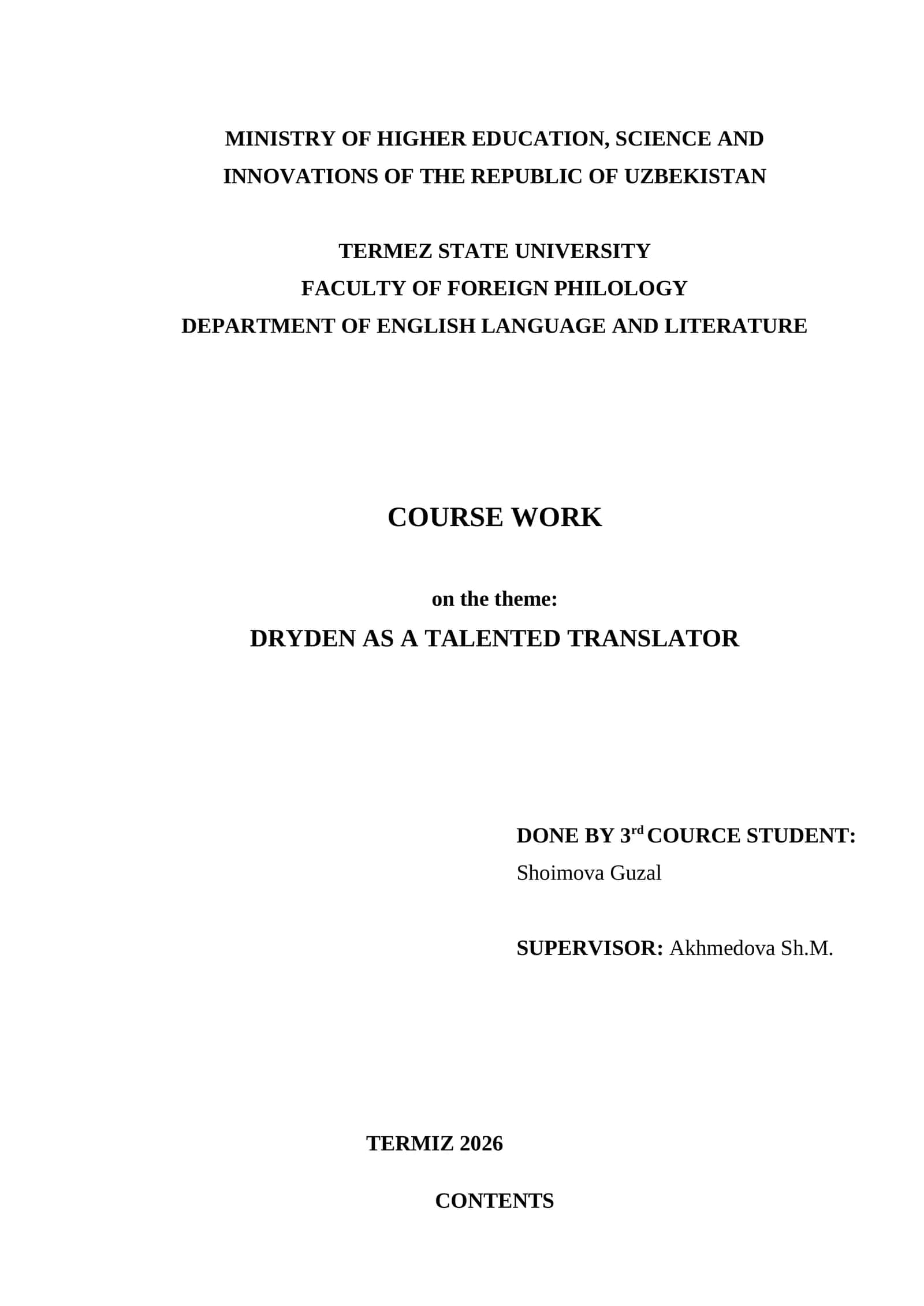 COURSE WORK on the theme: DRYDEN AS A TALENTED TRANSLATOR