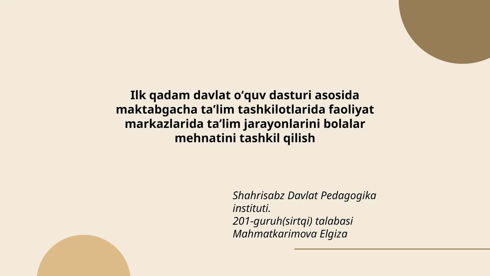 Ilk qadam davlat oʻquv dasturi asosida maktabgacha taʼlim tashkilotlarida faoliyat markazlarida taʼlim jarayonlarini bolalar mehnatini tashkil qilish