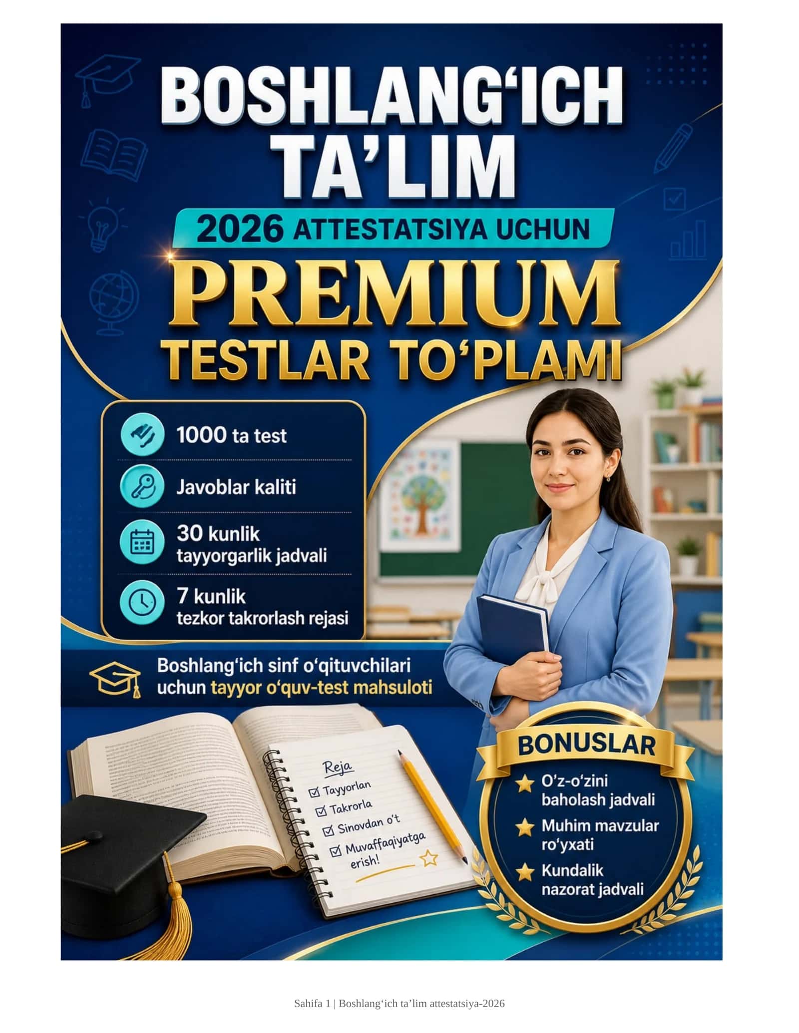 Maktabgacha ta’lim tarbiyachilari uchun 2026 attestatsiyaga tayyor premium testlar to‘plami: 1000 ta test, javoblar kaliti va 30 kunlik tayyorgarlik jadvali bilan