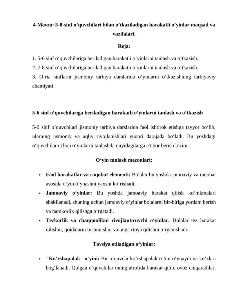 5-8-sinf o’quvchilari bilan o’tkaziladigan harakatli o’yinlar