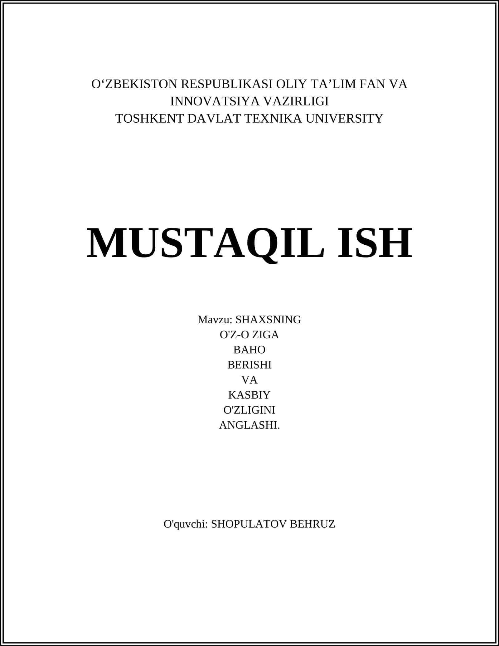 O'z-o'ziga baho berishning psixologik asoslari