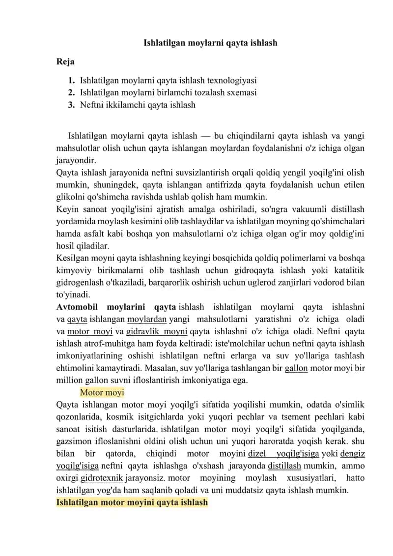 Ishlatilgan moylarni qayta ishlash