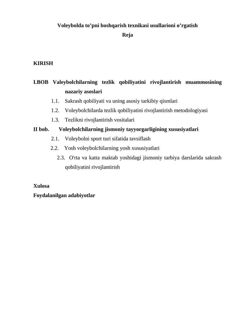 Voleybolda to’pni boshqarish texnikasi usullarioni o’rgatish