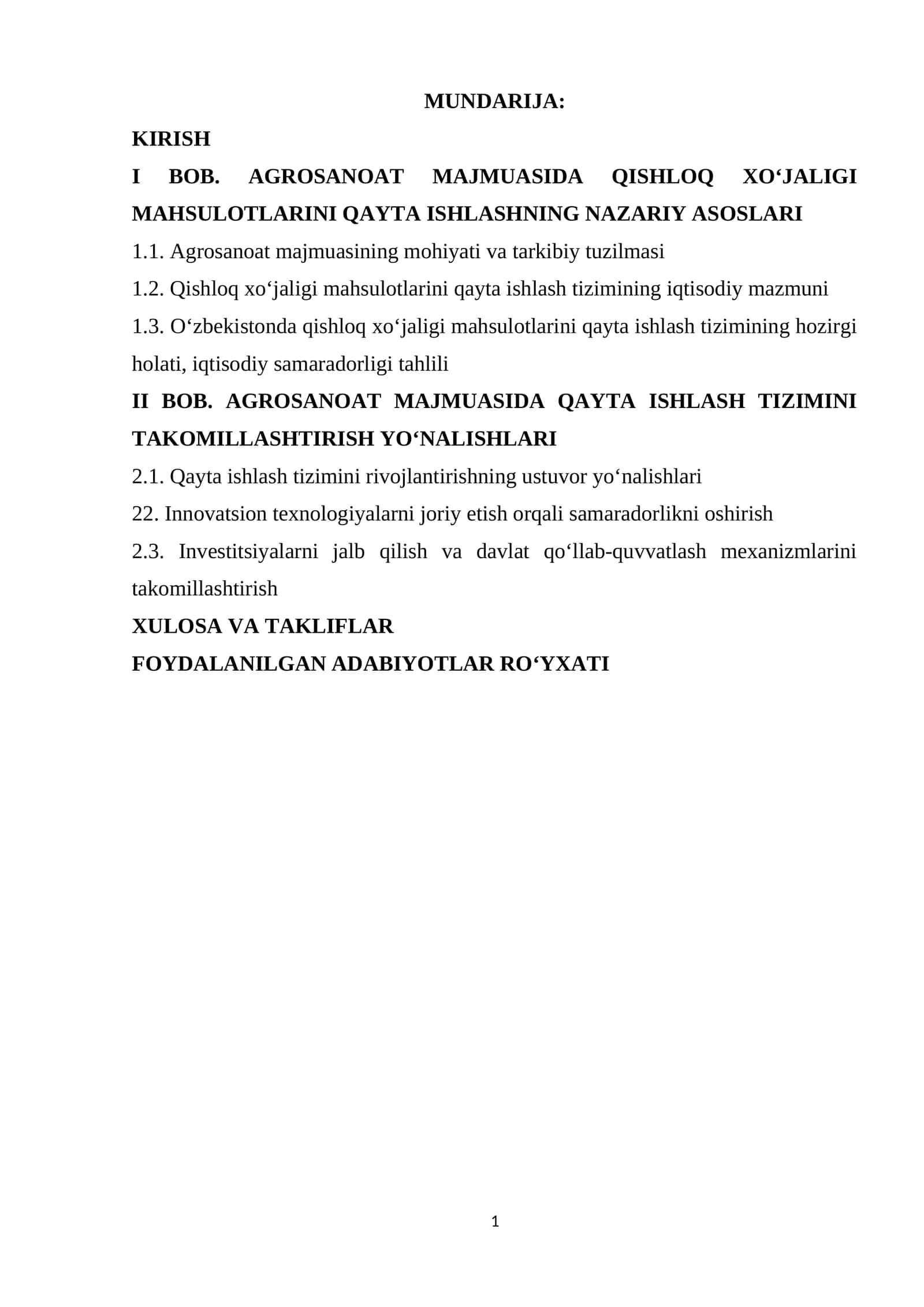 AGROSANOAT MAJMUASIDA QISHLOQ XO‘JALIGI MAHSULOTLARINI QAYTA ISHLASHNING Tizimi