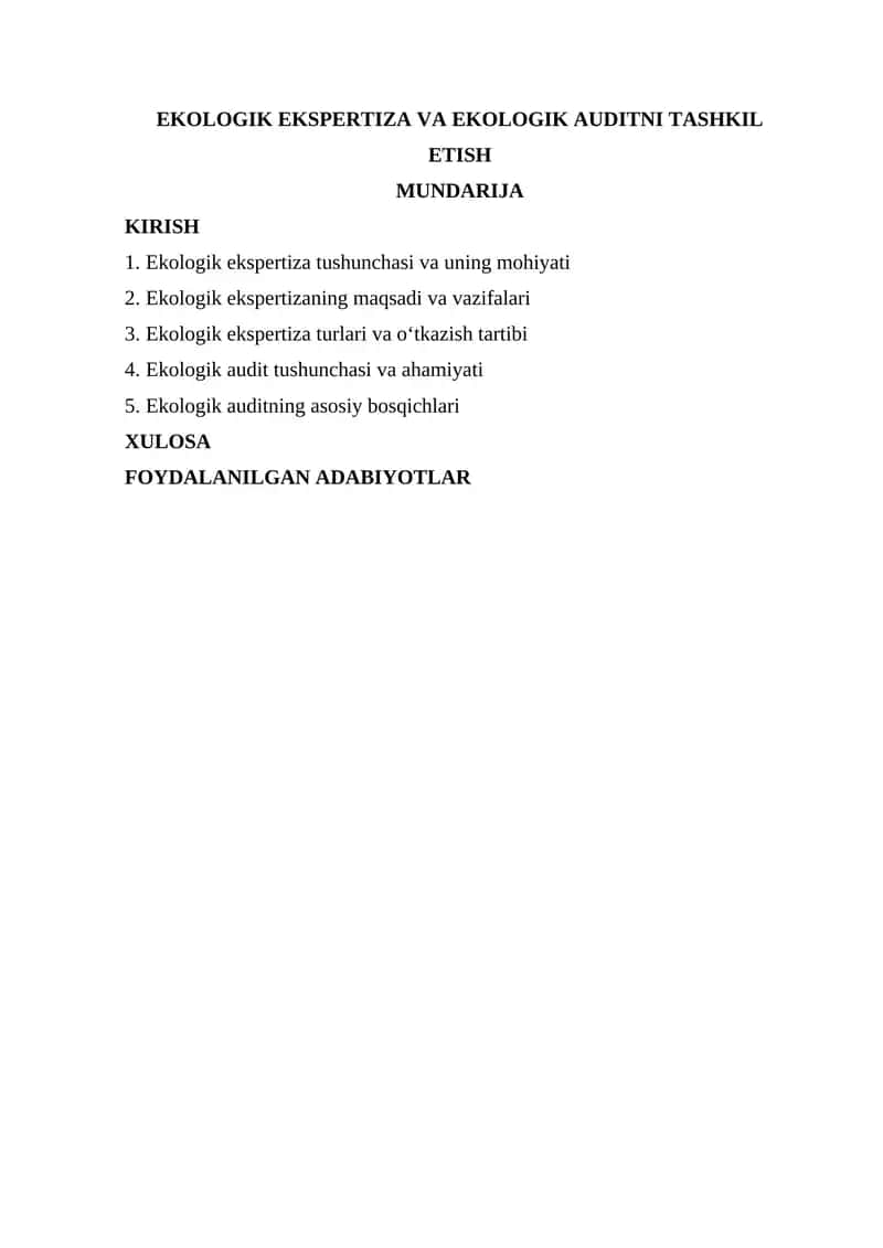 Ekologik Ekspertiza va Ekologik Auditni Tashkil Etish
