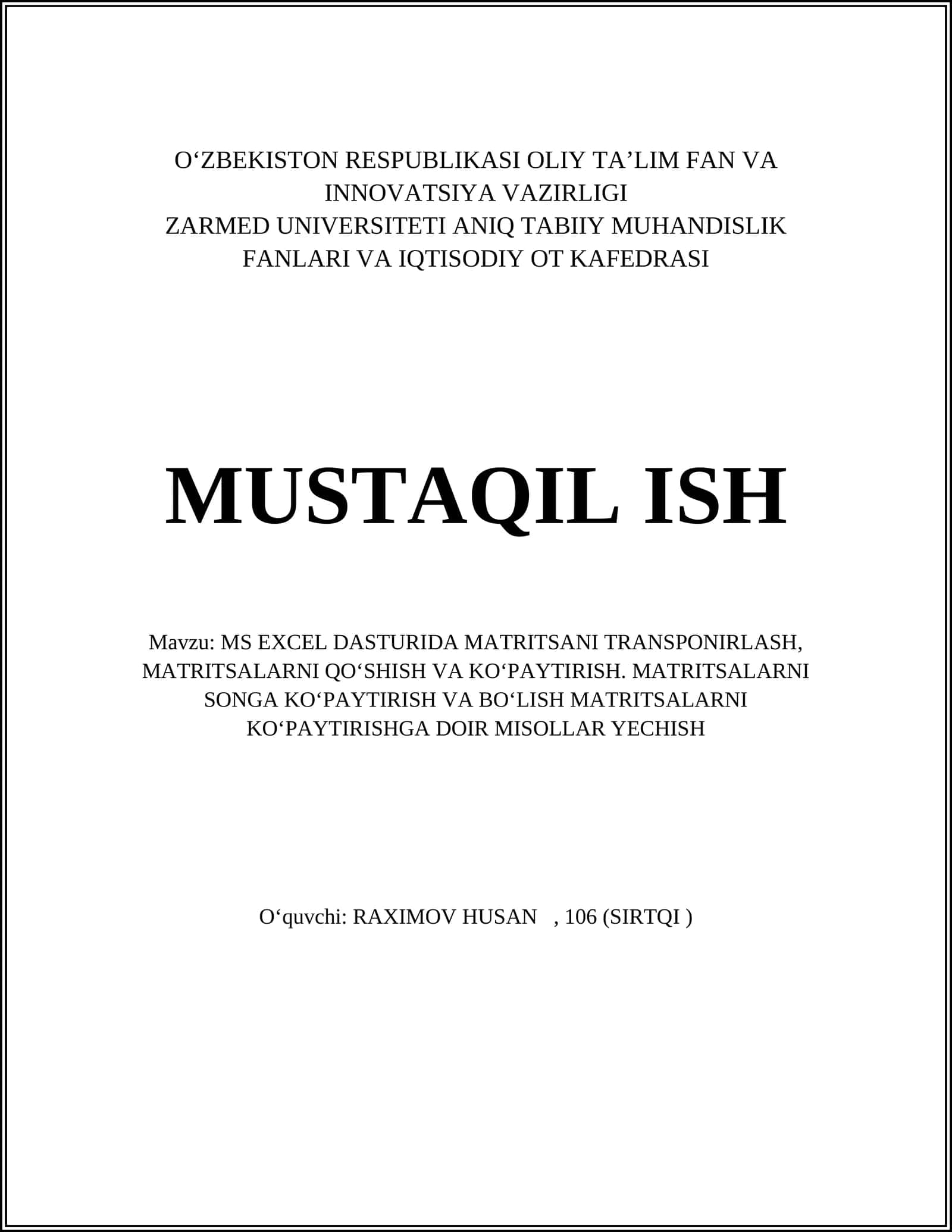MS EXCEL DASTURIDA MATRITSANI TRANSPONIRLASH