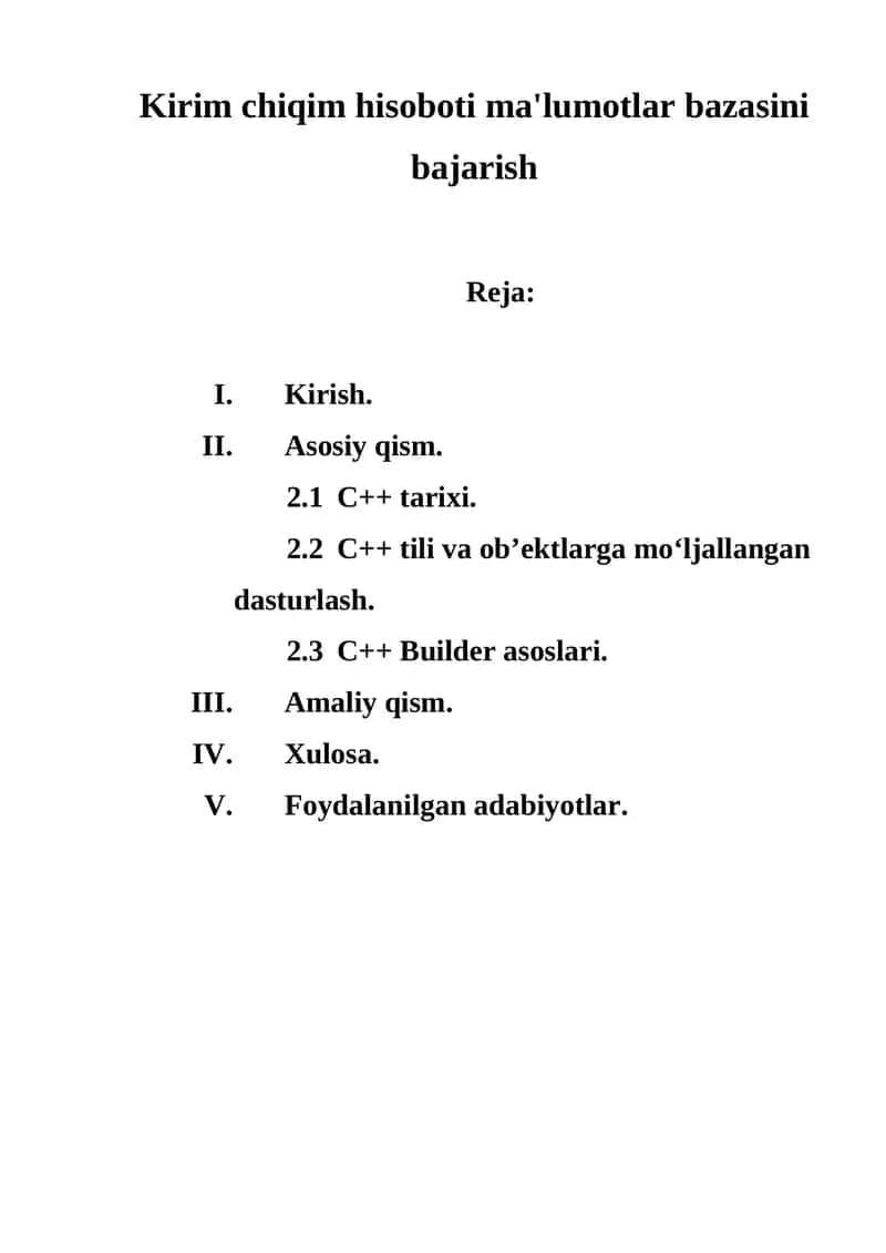 Kirim chiqim hisoboti ma'lumotlar bazasini bajarish