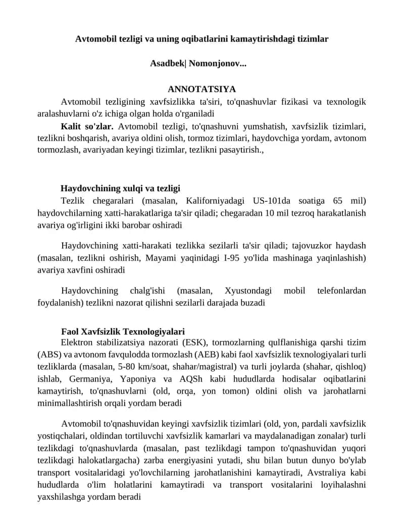 Avtomobil tezligi va uning oqibatlarini kamaytirishdagi tizimlar