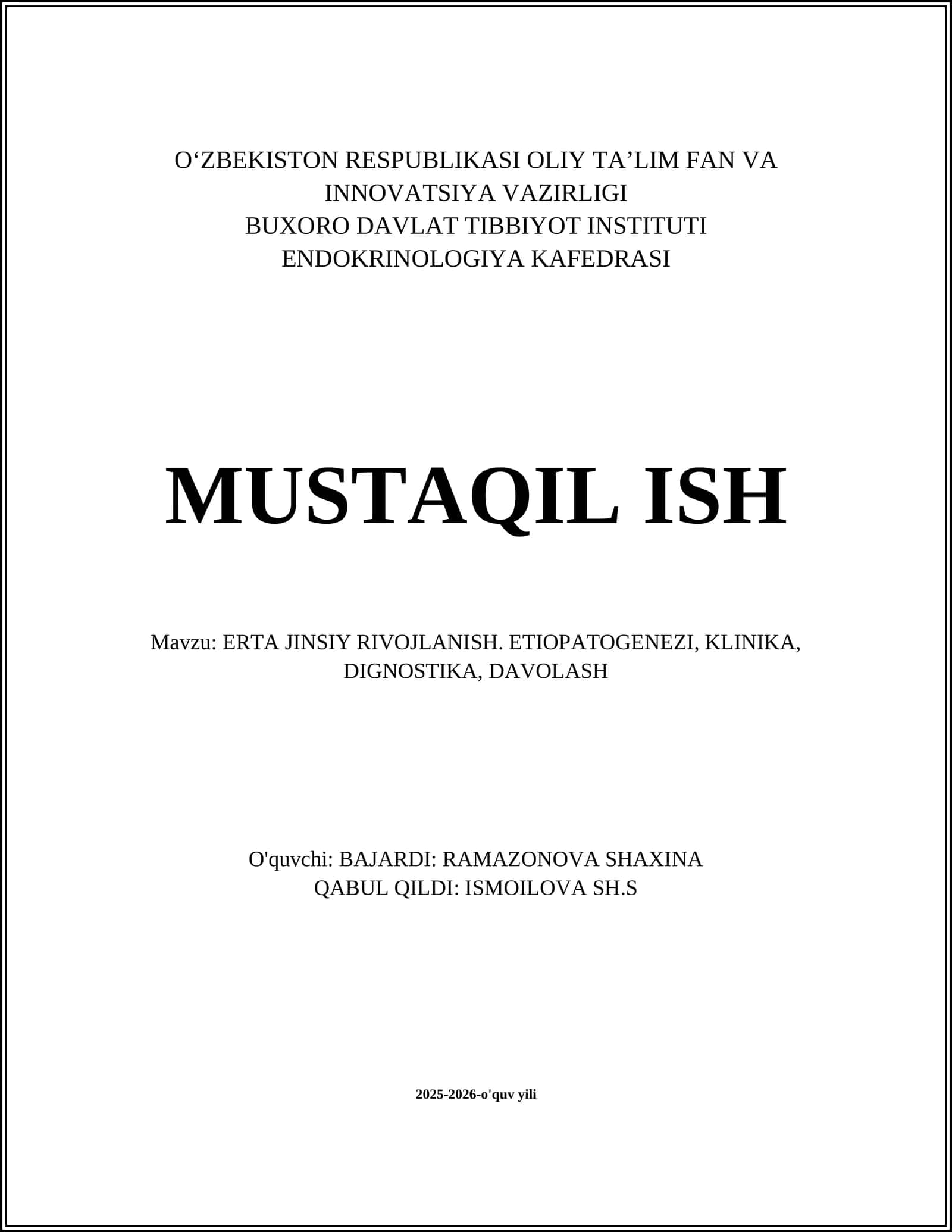 ERTA JINSIY RIVOJLANISH. ETIOPATOGENEZI, KLINIKA, DIGNOSTIKA, DAVOLASH