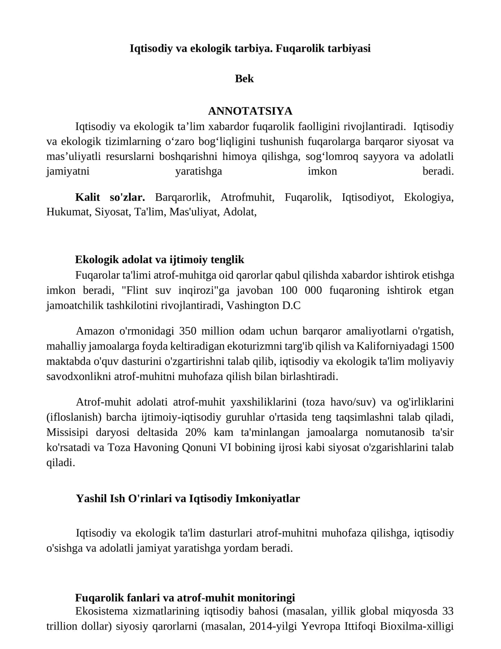 Iqtisodiy va ekologik tarbiya. Fuqarolik tarbiyasi