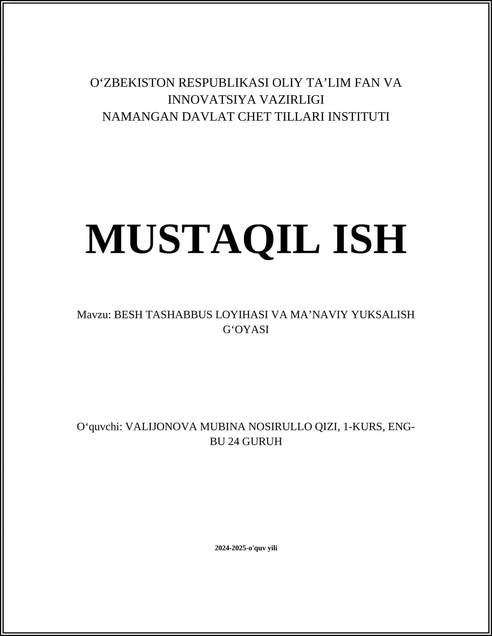 BESH TASHABBUS LOYIHASI VA MAʼNAVIY YUKSALISH GʻOYASI