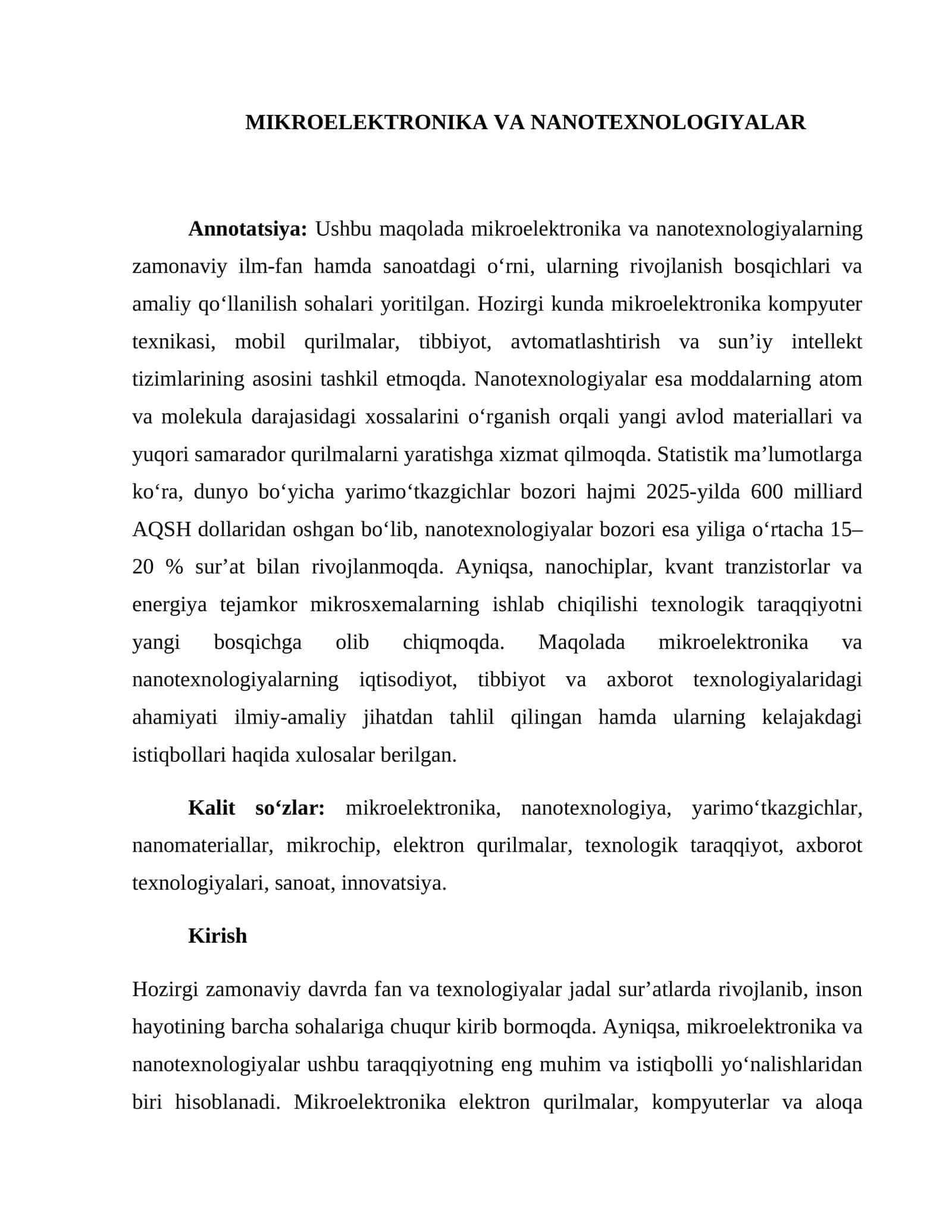 MIKROELEKTRONIKA VA NANOTEXNOLOGIYALAR
