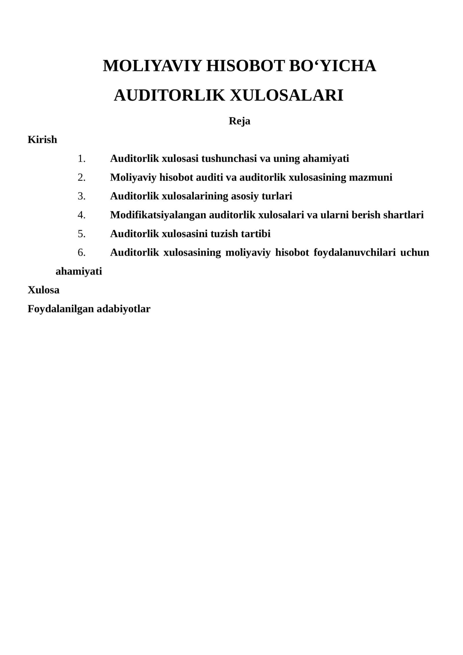 MOLIYAVIY HISOBOT BO‘YICHA AUDITORLIK XULOSALARI