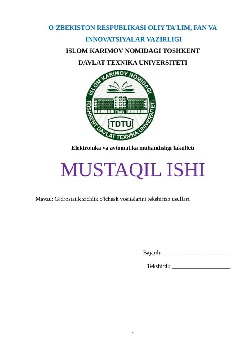 Gidrostatik zichlik o'lchash vositalarini tekshirish usullari