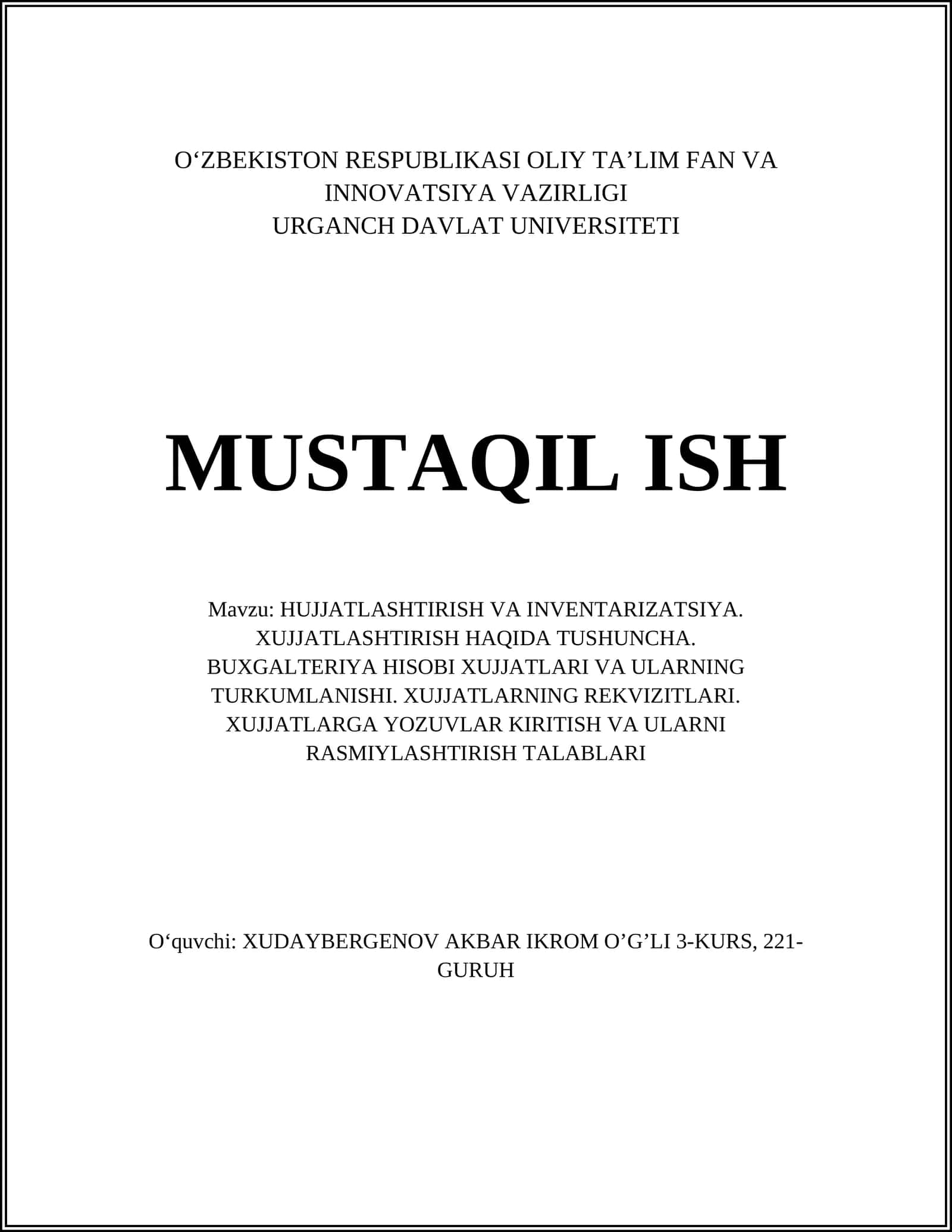 Hujjatlashtirish va inventarizatsiya