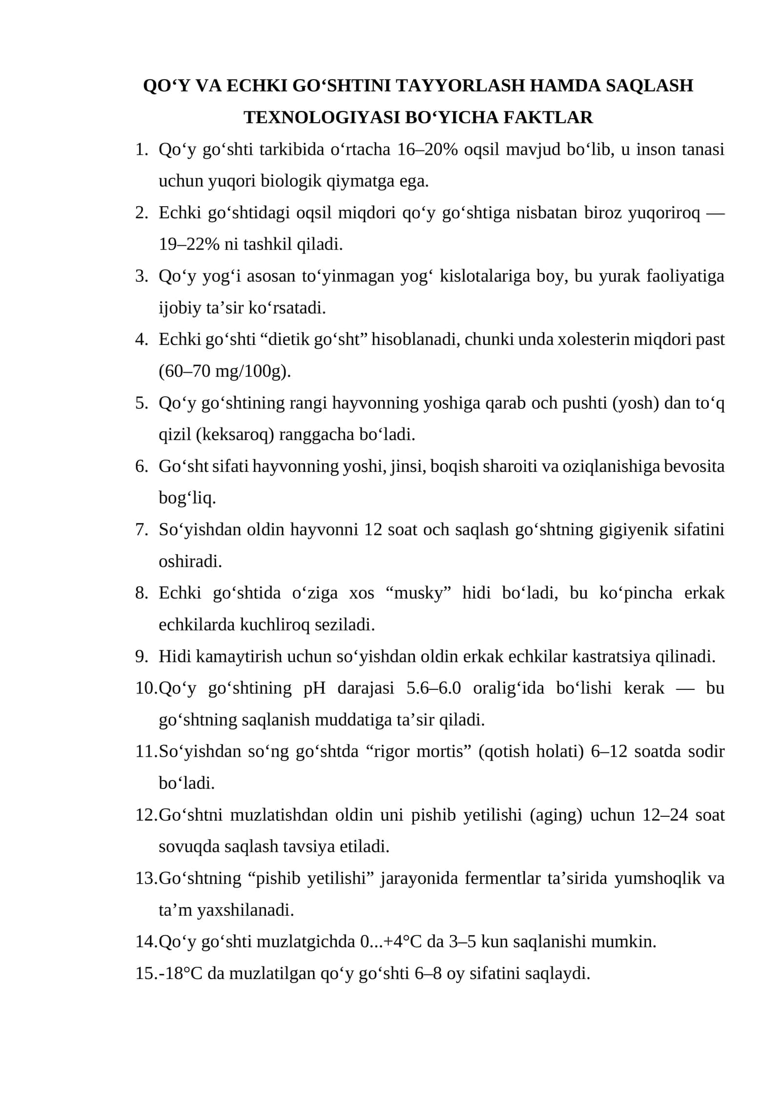 QO‘Y VA ECHKI GO‘SHTINI TAYYORLASH HAMDA SAQLASH TEXNOLOGIYASI BO‘YICHA FAKTLAR