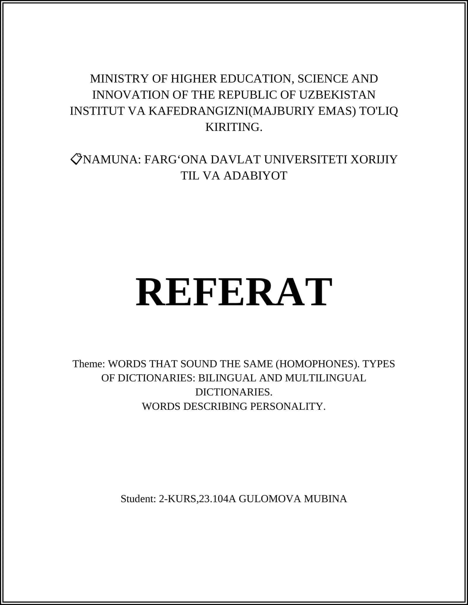 FARG‘ONA DAVLAT UNIVERSITETI XORIJIY TIL VA ADABIYOT REFERAT