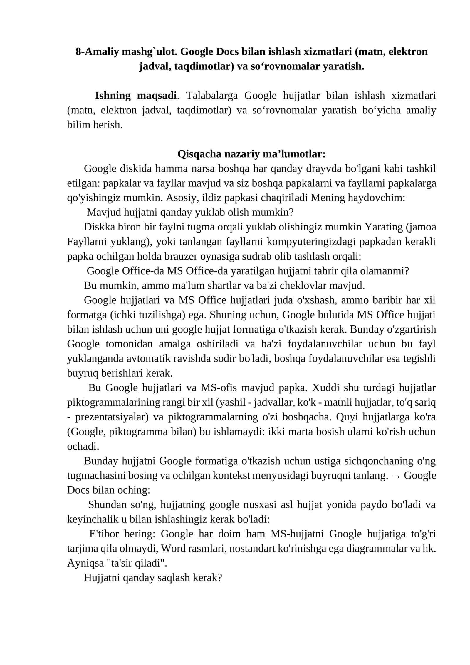 8-Amaliy mashg`ulot. Google Docs bilan ishlash xizmatlari (matn, elektron jadval, taqdimotlar) va so‘rovnomalar yaratish