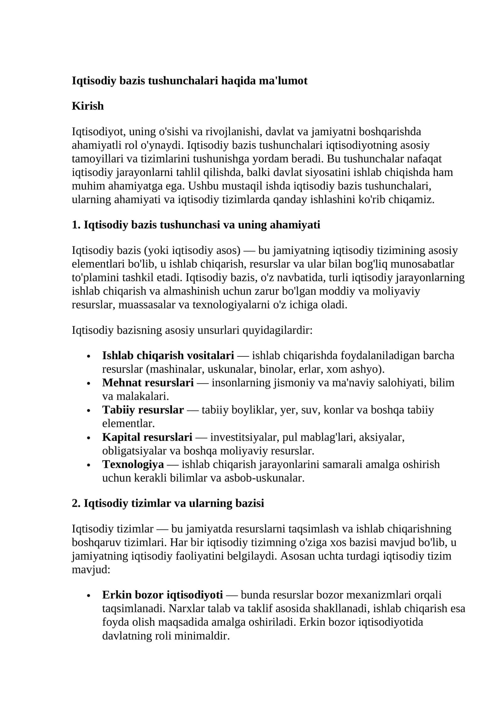 Iqtisodiy bazis tushunchalari haqida ma'lumot