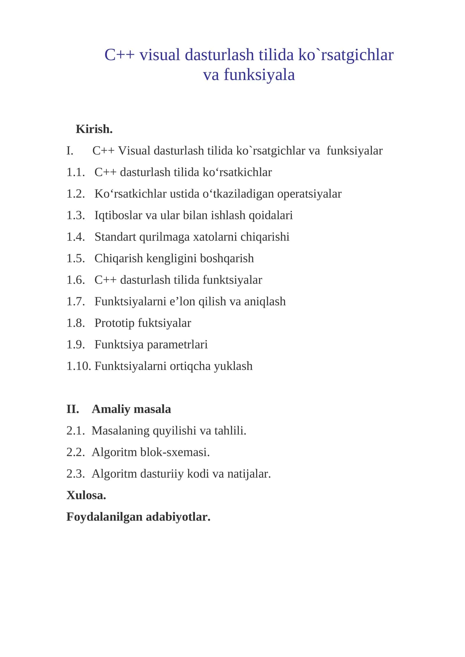 C++ Visual dasturlash tilida ko`rsatgichlar va funksiyalar