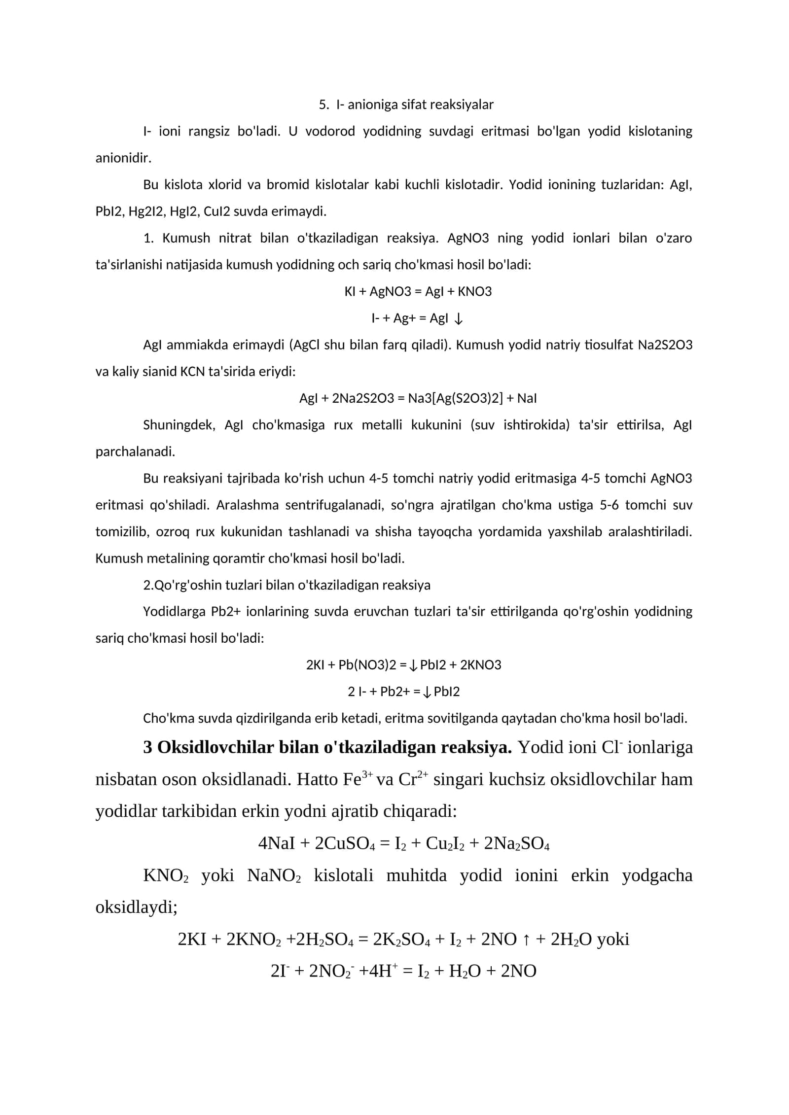 I- anioniga sifat reaksiyalar