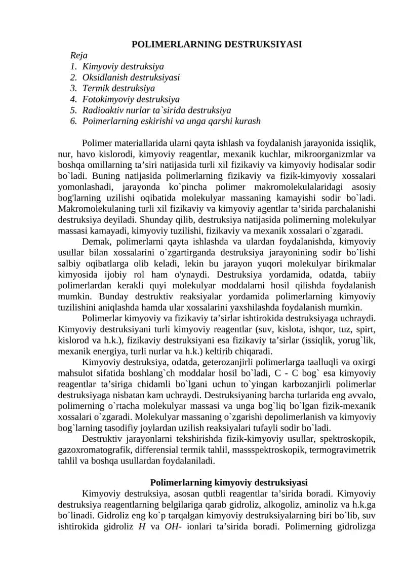 POLIMERLARNING DESTRUKSIYASI