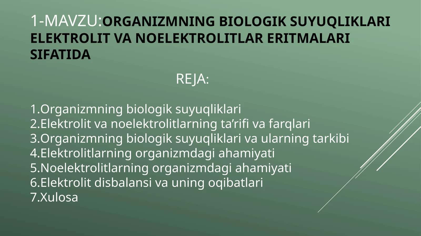 ORGANIZMNING BIOLOGIK SUYUQLIKLARI ELEKTROLIT VA NOELEKTROLITLAR ERITMALARI SIFATIDA