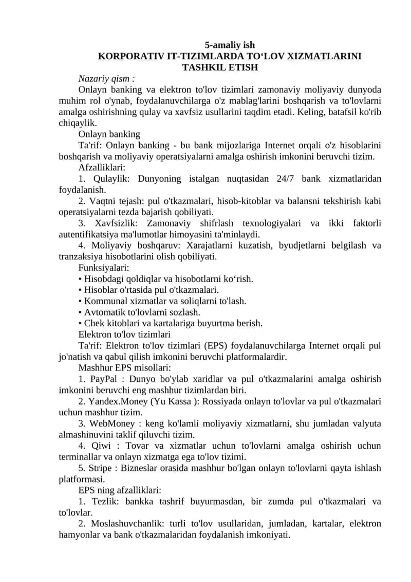 KORPORATIV IT-TIZIMLARDA TO‘LOV XIZMATLARINI TASHKIL ETISH