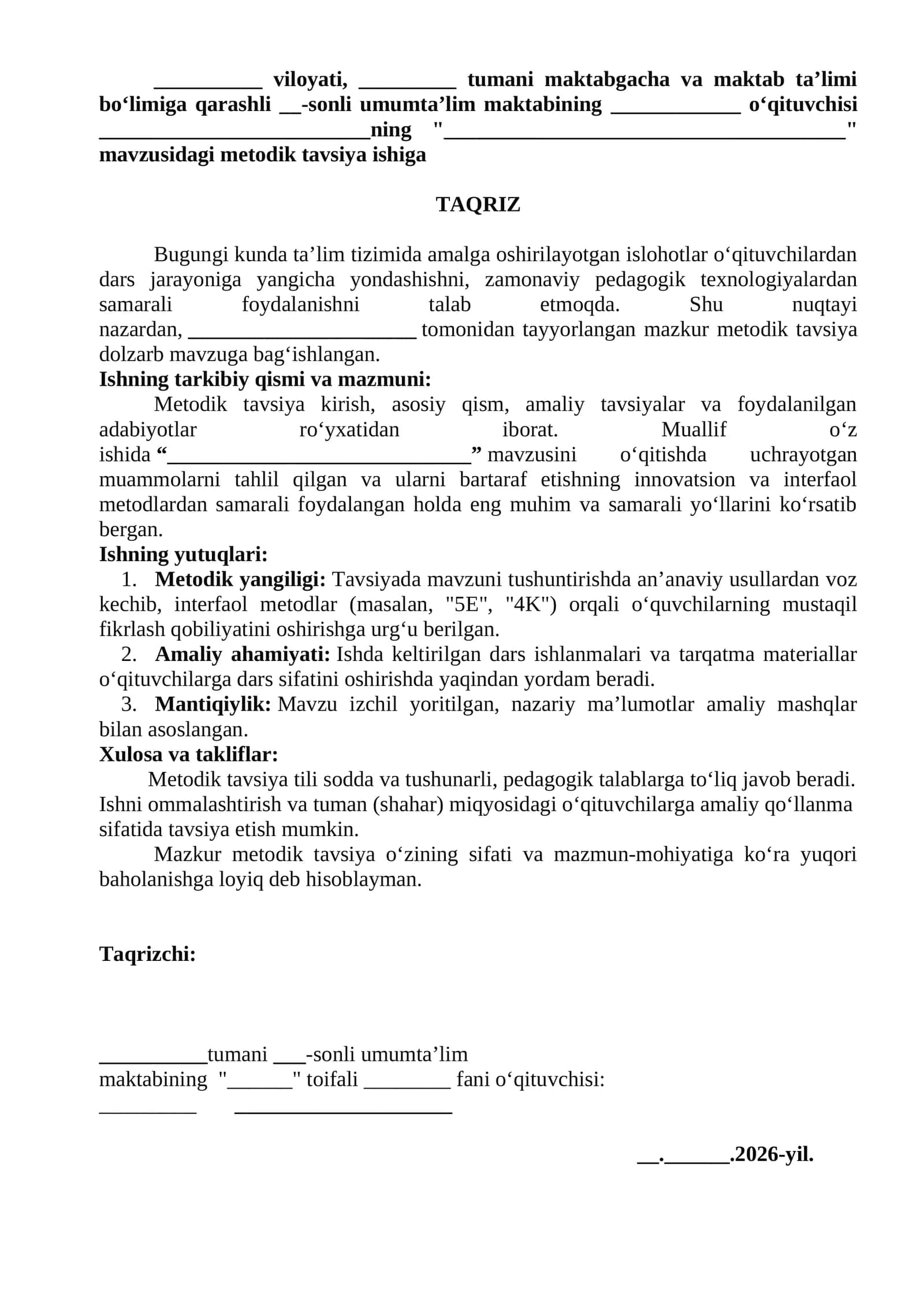 Ommalashtirishga tayyor taqriz metodik tavsiya ishiga