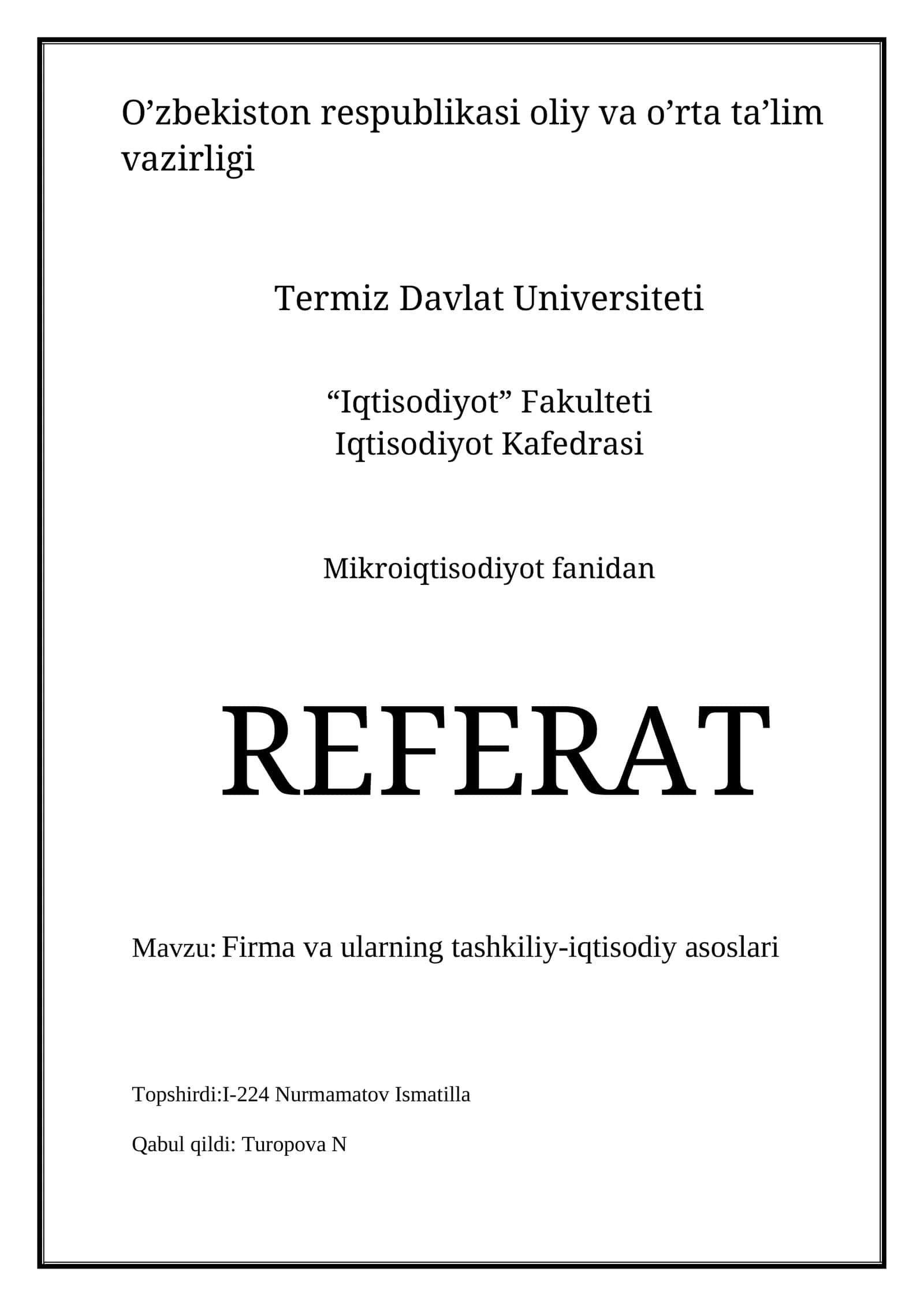 Mikroiqtisodiyot REFERAT