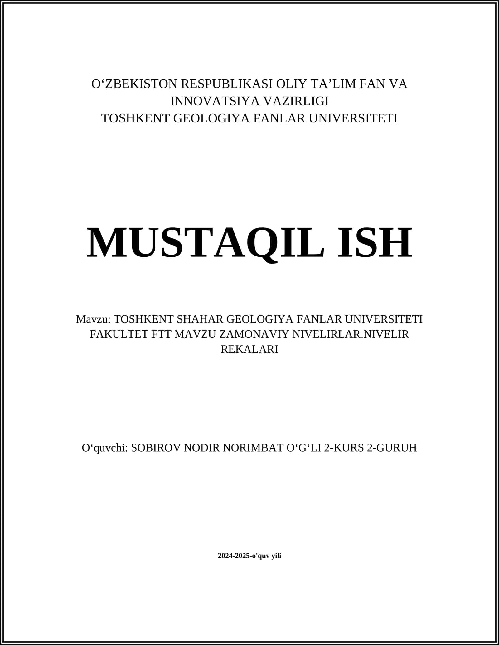 TOSHKENT SHAHAR GEOLOGIYA FANLAR UNIVERSITETI FAKULTET FTT
