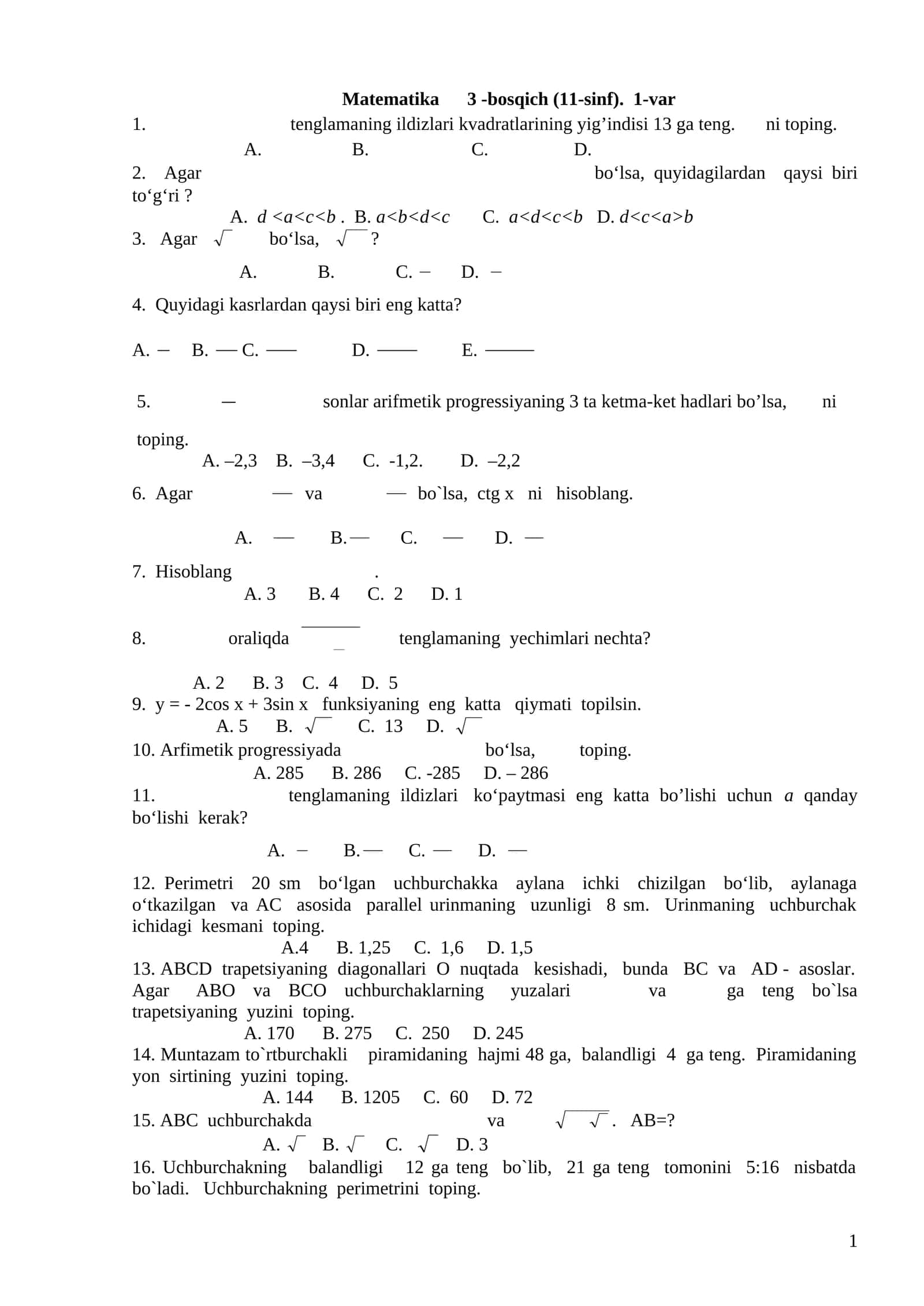 11-sinflar uchun Matematika fanidan qiyin test