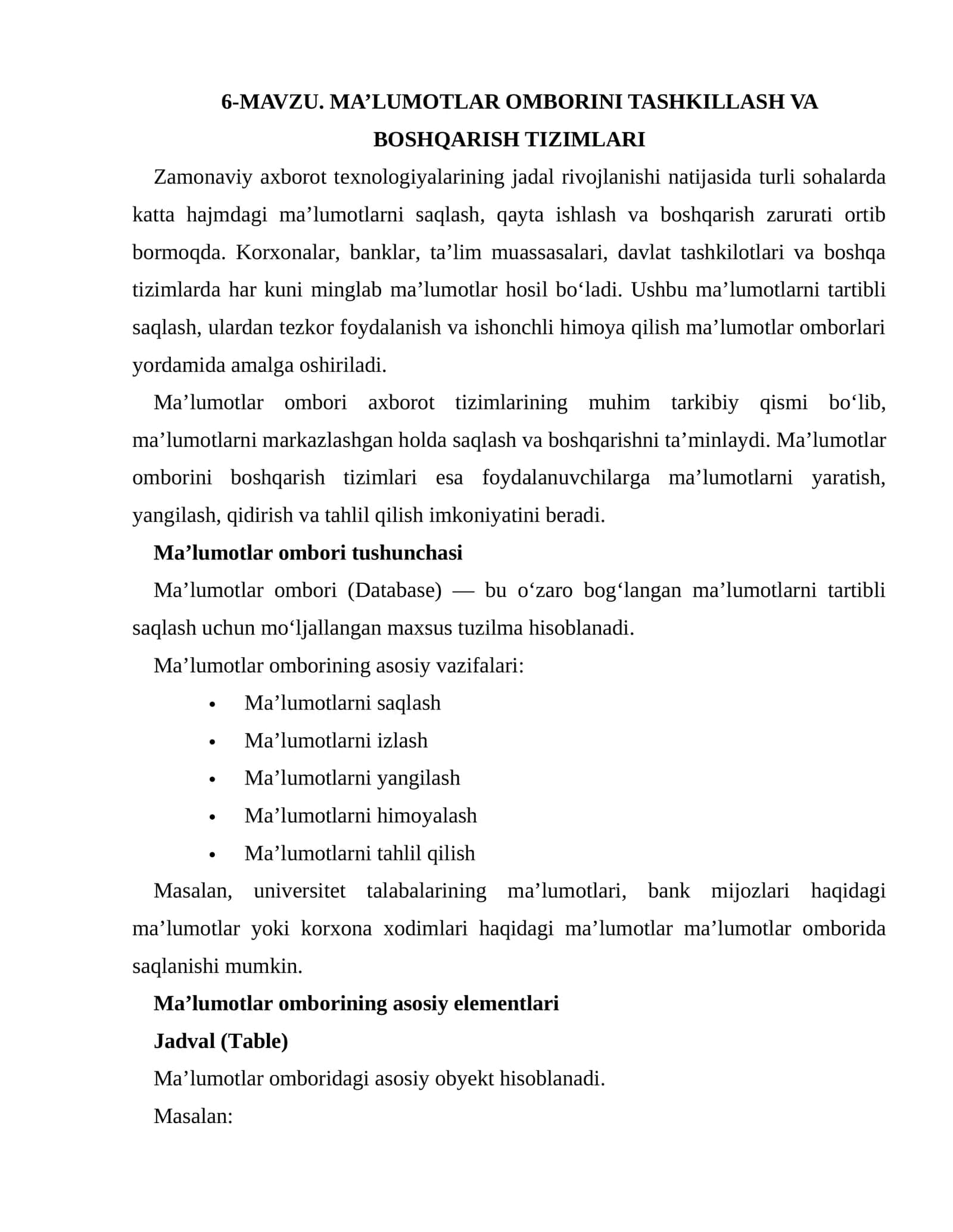 Ma’lumotlar omborini tashkillash va boshqarish tizimlari