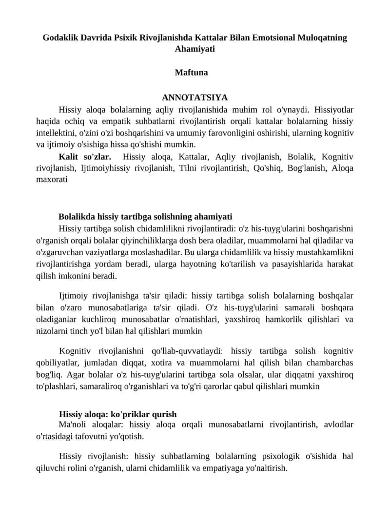 Godaklik Davrida Psixik Rivojlanishda Kattalar Bilan Emotsional Muloqatning Ahamiyati