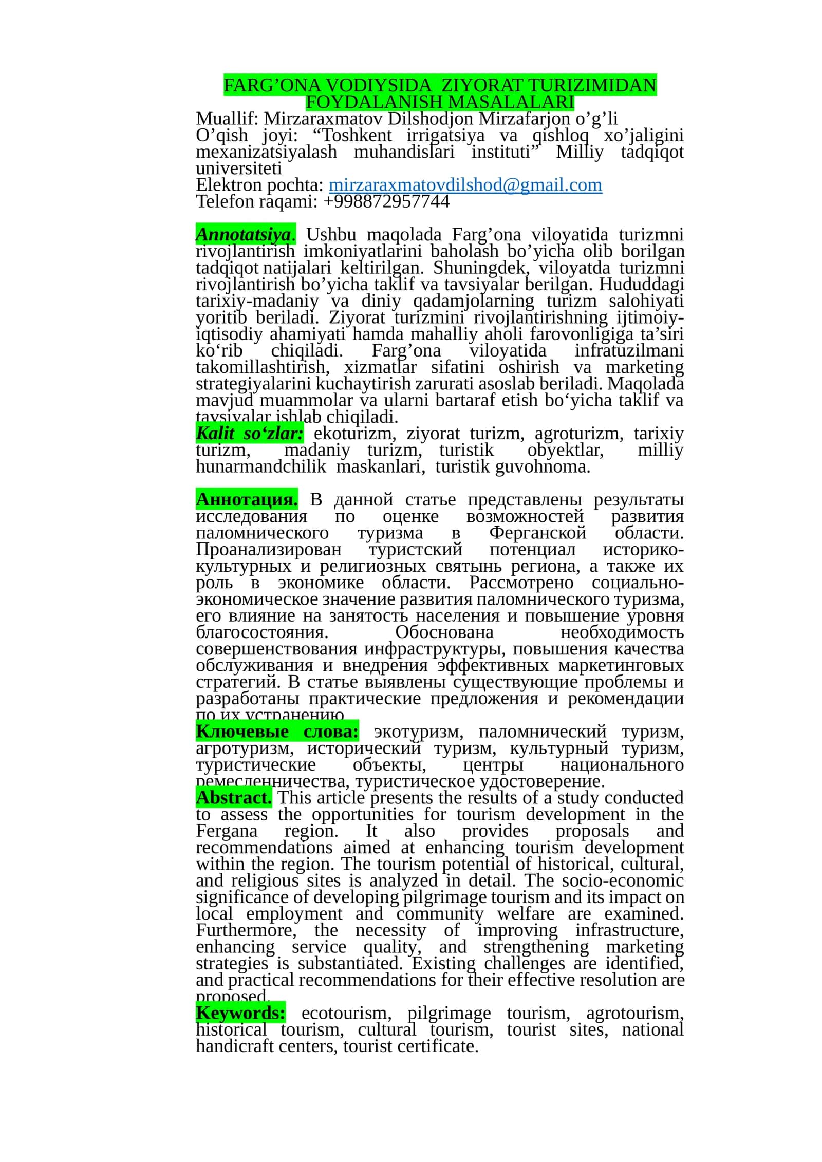 Fargʻona vodiysi turizmi