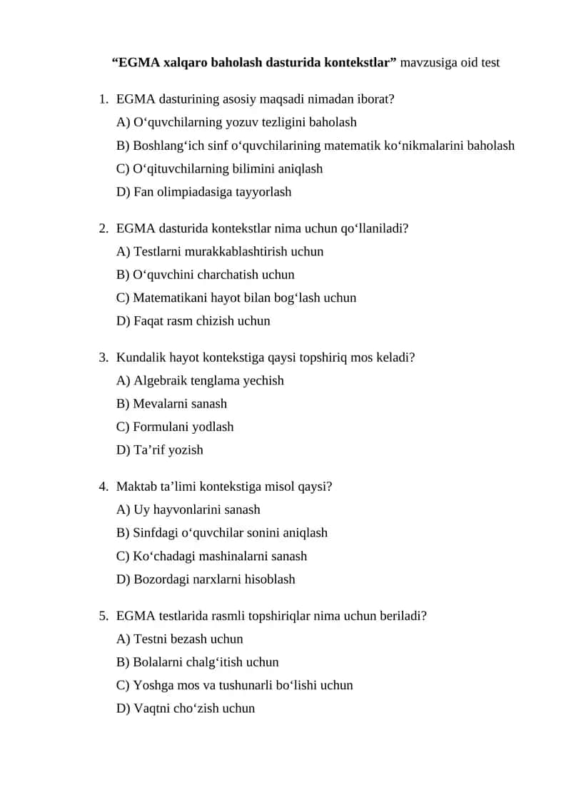 EGMA xalqaro baxolash tizimi dasturida kontekstlar mavzusiga testlar