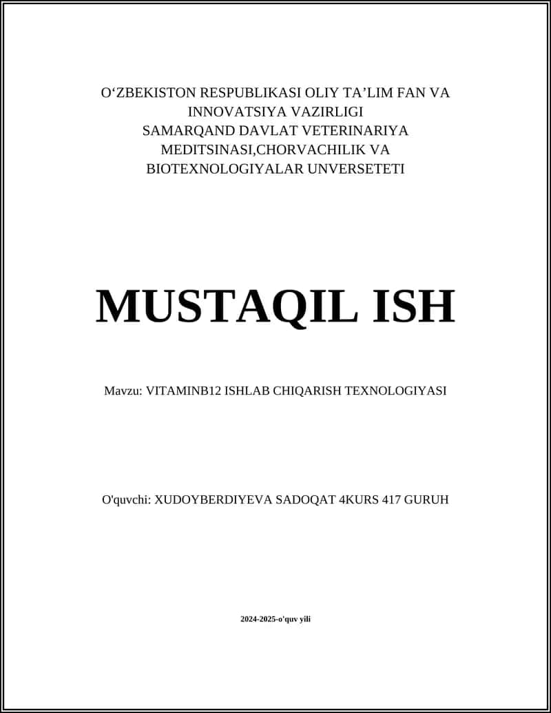 VITAMINB12 ISHLAB CHIQARISH TEXNOLOGIYASI