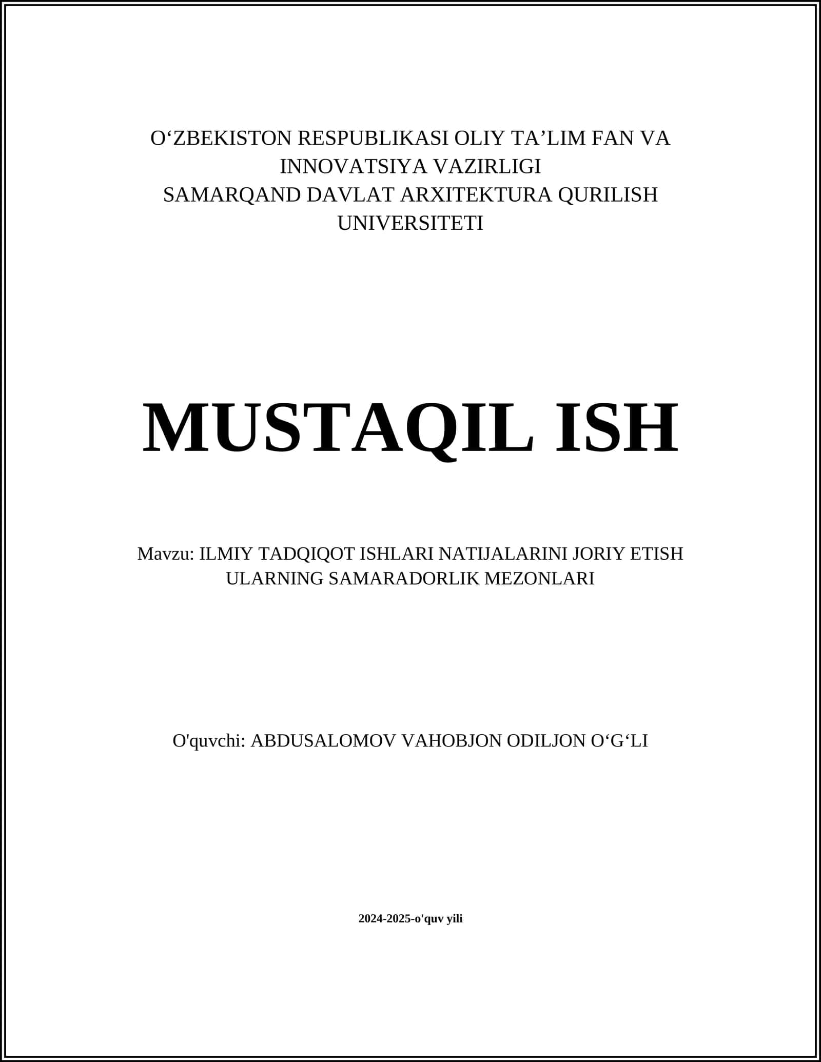 ILMIY TADQIQOT ISHLARI NATIJALARINI JORIY ETISH ULARNING SAMARADORLIK MEZONLARI