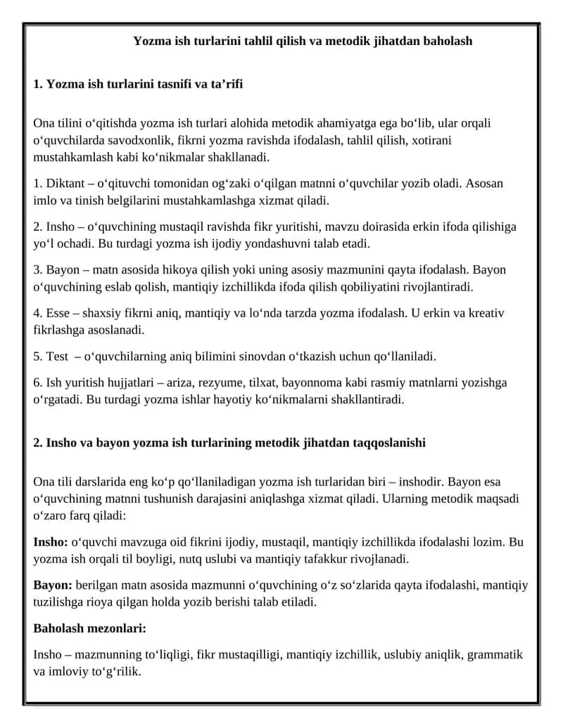 Yozma ish turlarini tahlil qilish va metodik jihatdan baholash