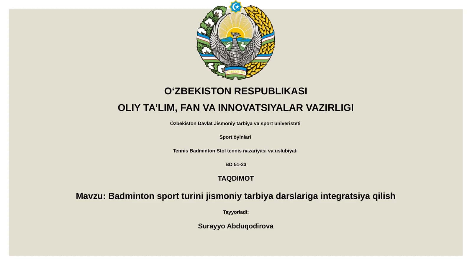 Badmintonning jismoniy tarbiyaga integratsiyasi